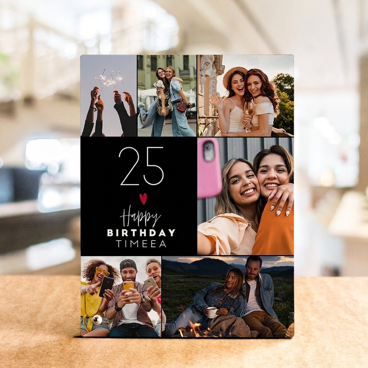 Gepersonaliseerde fotolijst voor op het bureau met 6 foto’s en tekst - Happiness