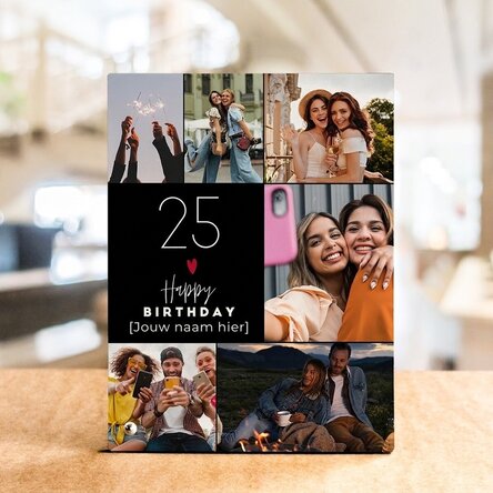 Gepersonaliseerde fotolijst voor op het bureau met 6 foto’s en tekst - Happiness