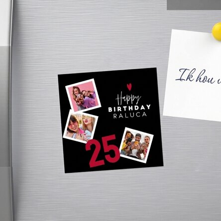 Gepersonaliseerde magneet van 10x10 met 3 foto's en tekst - Van harte gefeliciteerd!