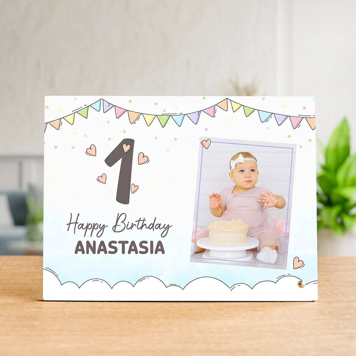 Gepersonaliseerde fotolijst voor op het bureau, met een foto en tekst voor kinderen