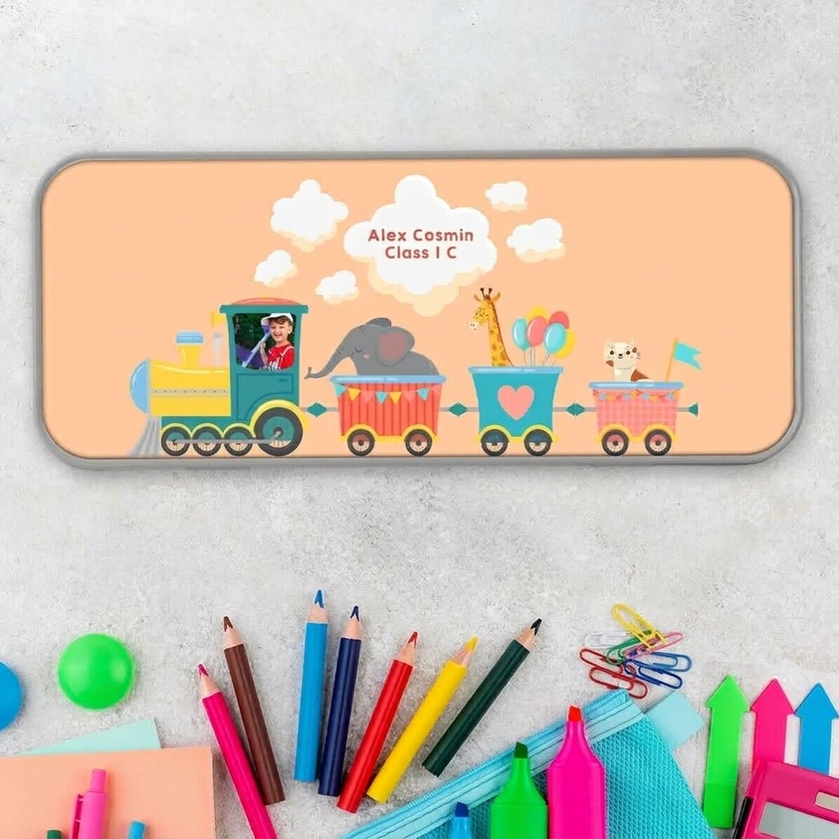 Gepersonaliseerd etui met een foto en tekst - Treintje