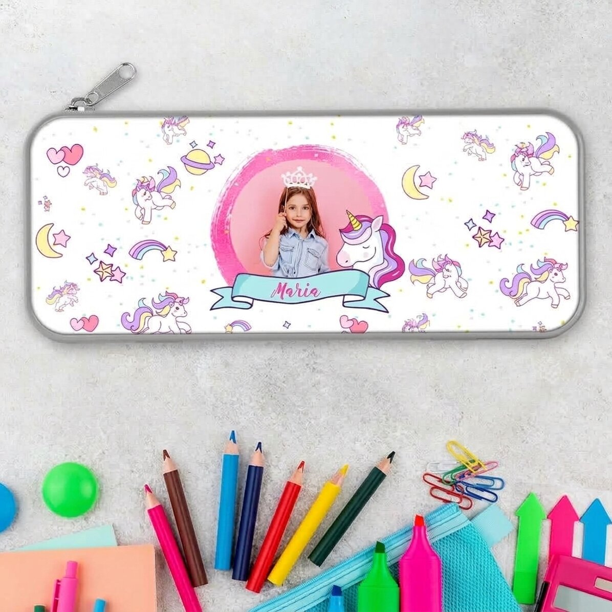Gepersonaliseerd etui met een foto en tekst - Eenhoorn