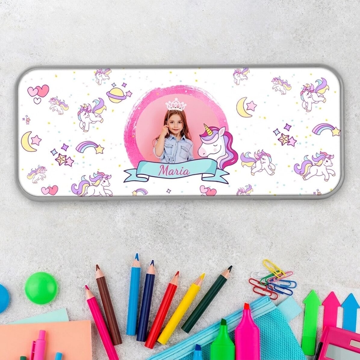 Gepersonaliseerd etui met een foto en tekst - Eenhoorn