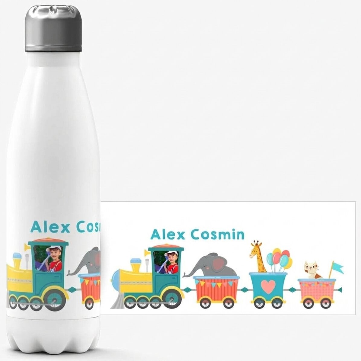 Thermosfles met witte bodem, gepersonaliseerd met naam - Treintje