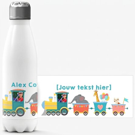 Thermosfles met witte bodem, gepersonaliseerd met naam - Treintje