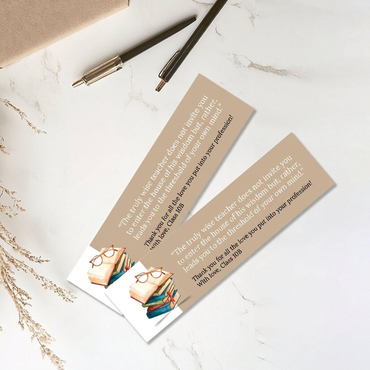 Gepersonaliseerde boekenlegger met een boodschap voor leraren