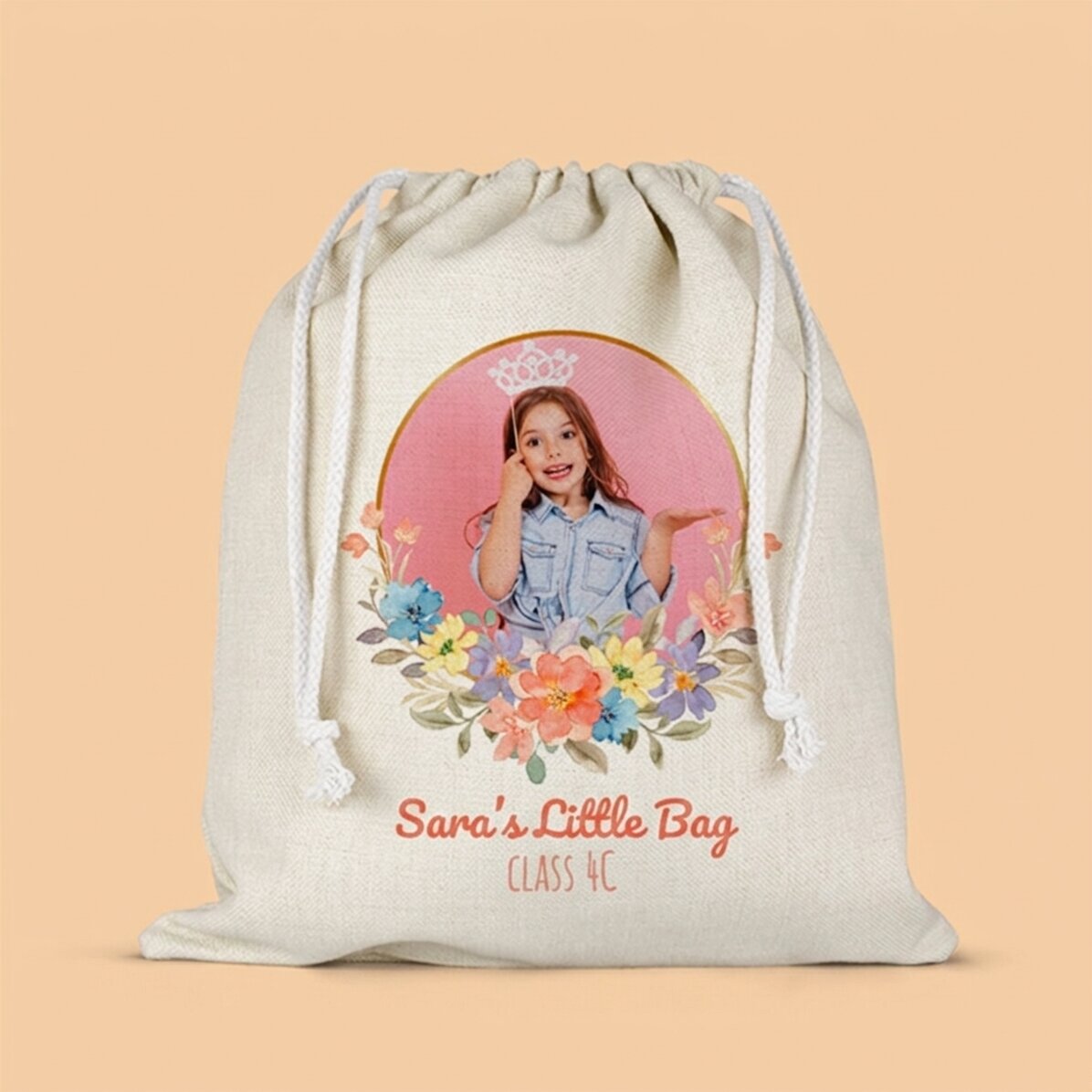 Gepersonaliseerd tasje voor de kleuterschool met tekst en een foto - Flowers