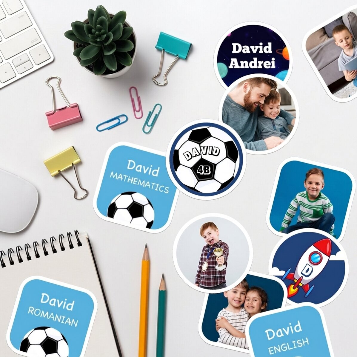 Set van 12 gepersonaliseerde stickers (zelfklevende etiketten) voor school - Jongens