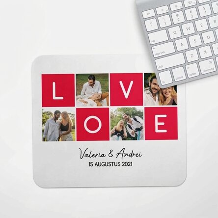 Gepersonaliseerde muismat met 4 foto's en tekst - LOVE