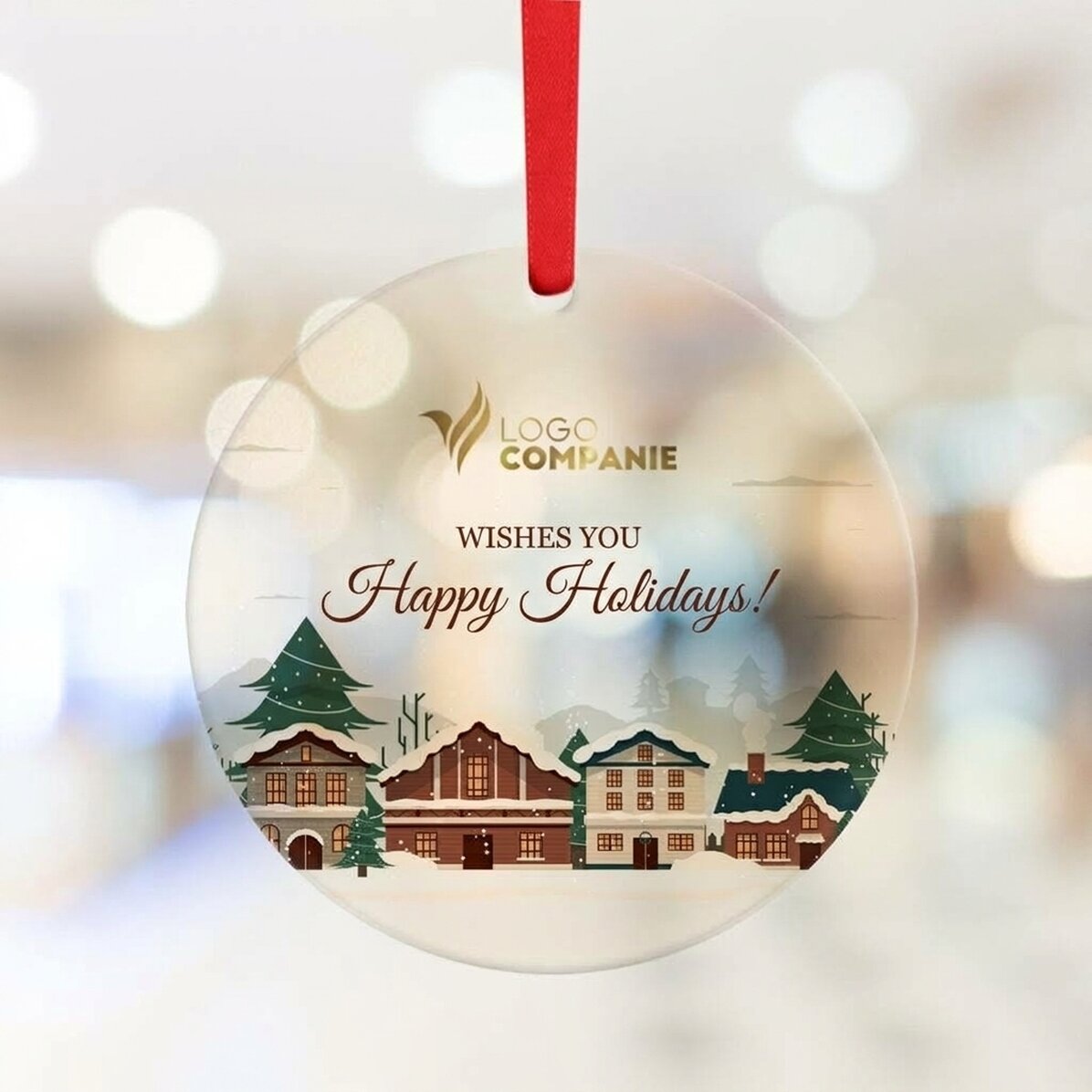 Rond ornament met logo en boodschap naar keuze – Vrolijk Kerstfeest!
