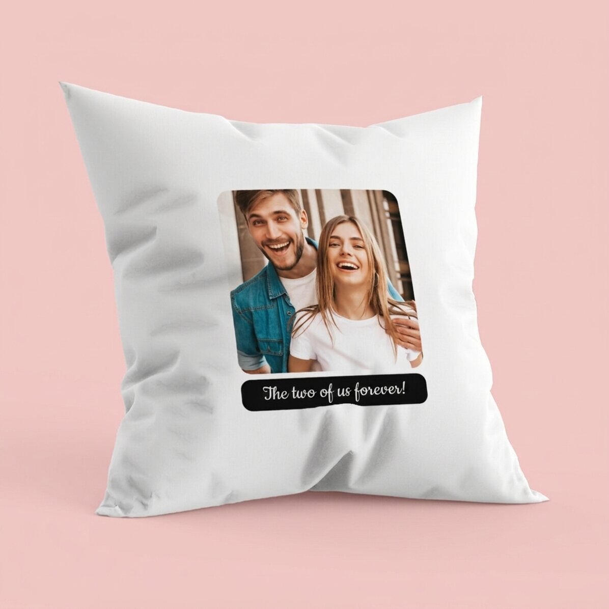 Gepersonaliseerd kussen met een vierkante foto en tekst - Voor altijd