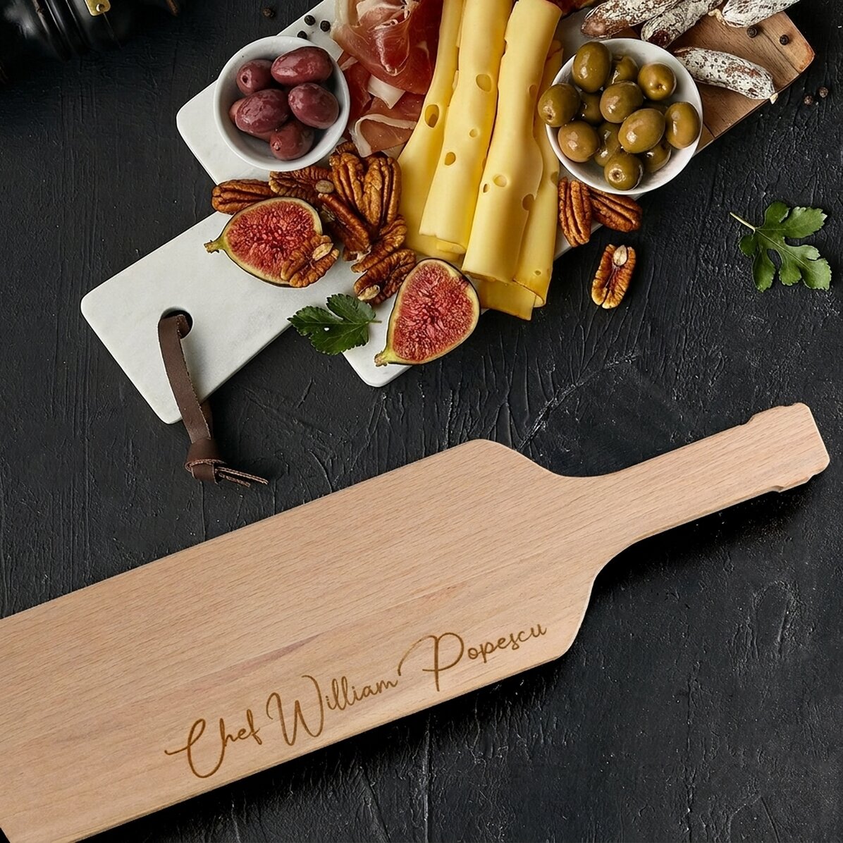 Cheese chopping board in the shape of a bottle, personalised with signature