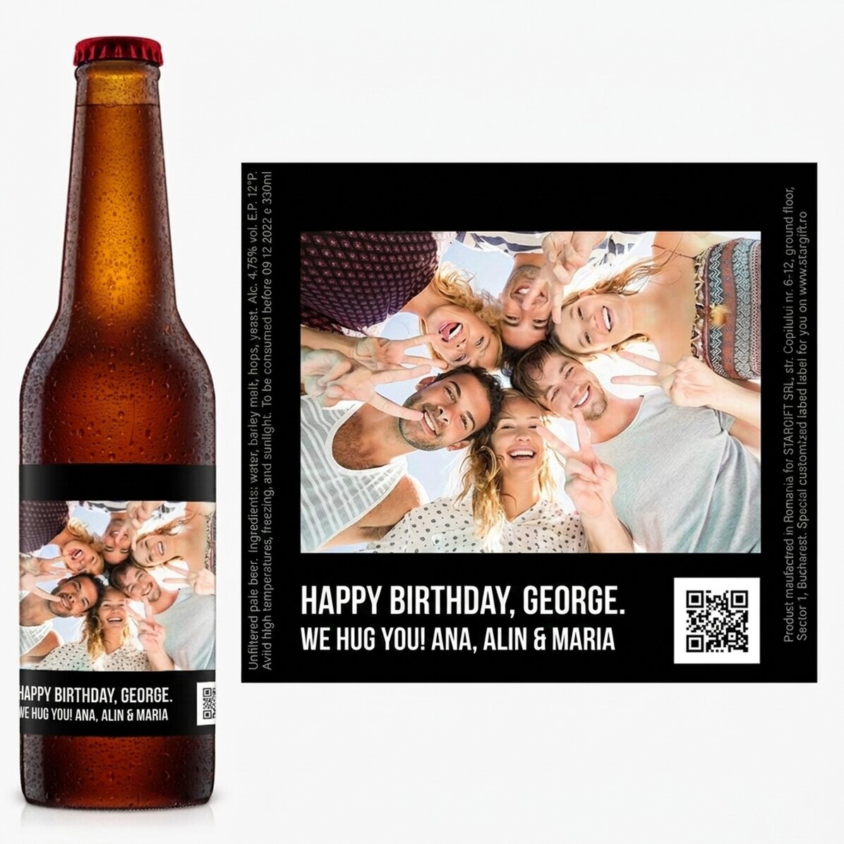 Gepersonaliseerd bier met een foto en een QR-code