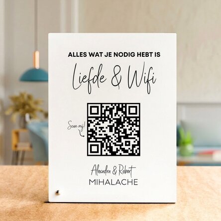 Gepersonaliseerde fotolijst voor op het bureau met tekst en QR-code - Scan for Wifi (witte achtergro