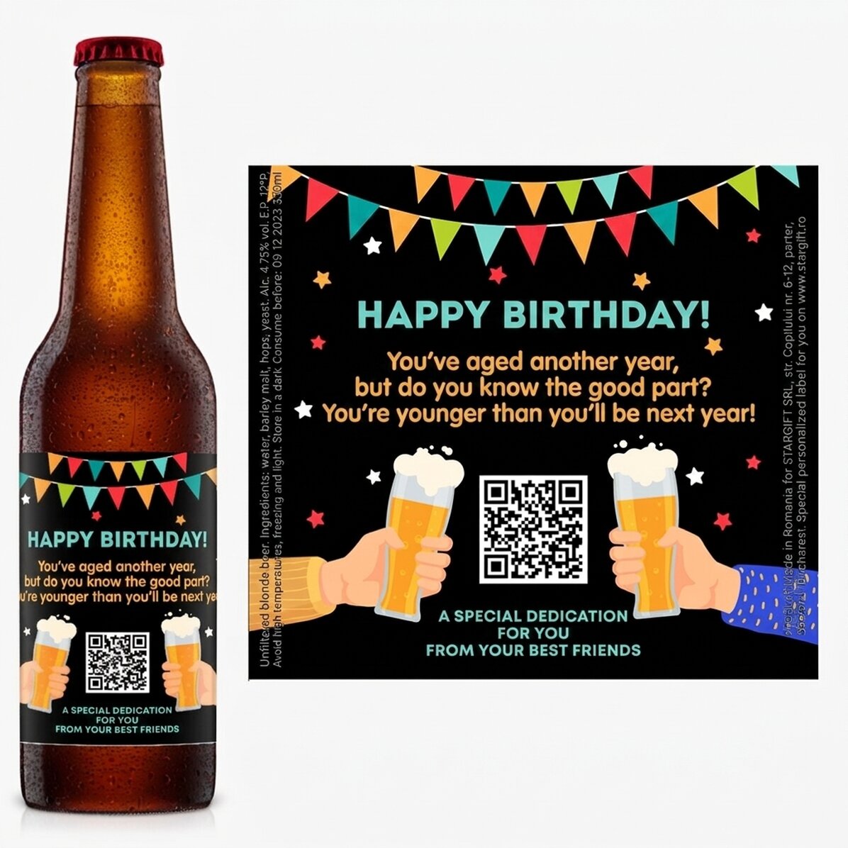 Gepersonaliseerd bier met QR-code en tekst - Happy Birthday