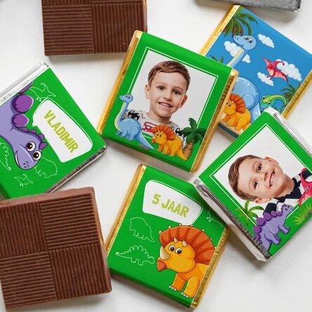 Set van 5 gepersonaliseerde minichocolade met foto's en tekst - Dinosaurussen