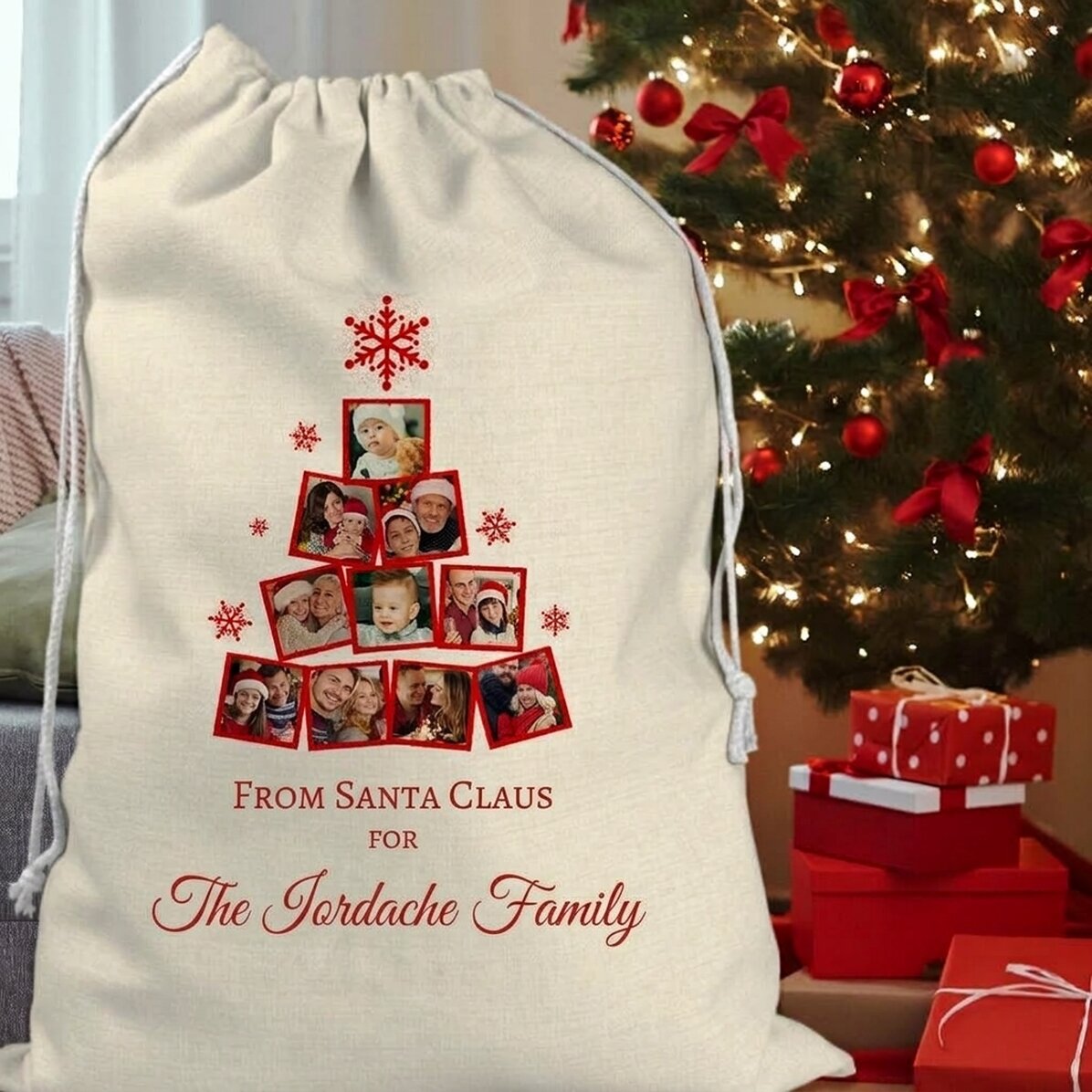 Gepersonaliseerde cadeauzak met fotocollage en boodschap