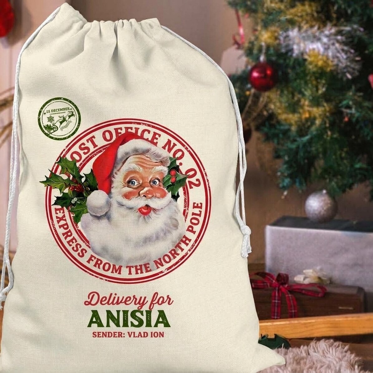 Gepersonaliseerde cadeauzak met tekst - Expresslevering vanaf de Noordpool