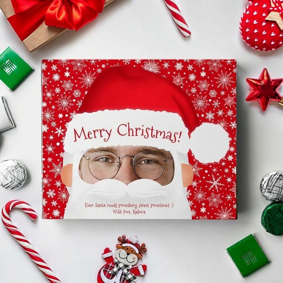 Gepersonaliseerde bonbondoos met een foto en tekst - Kerstman