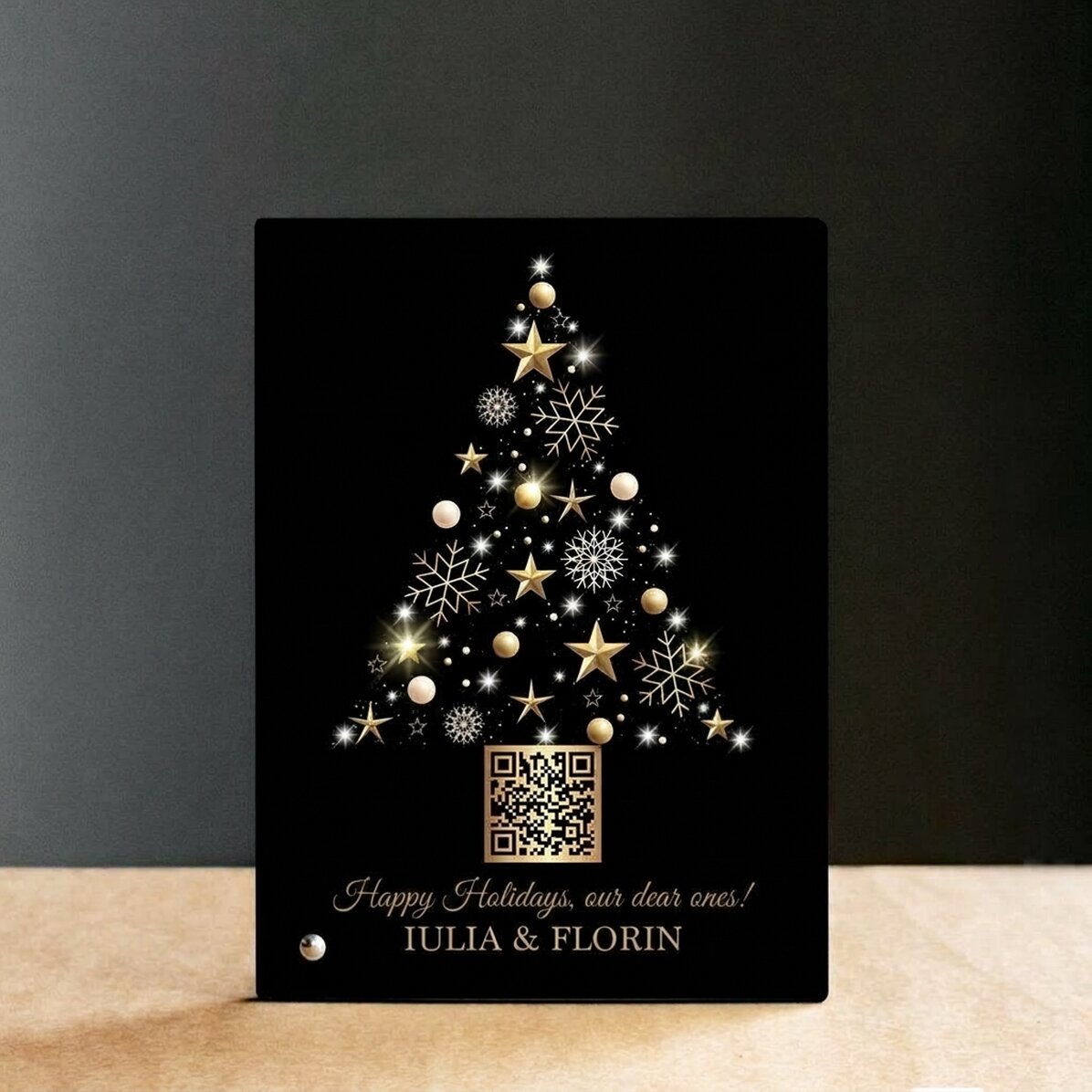 Gepersonaliseerde fotolijst voor op het bureau met QR-code en kerstboodschap