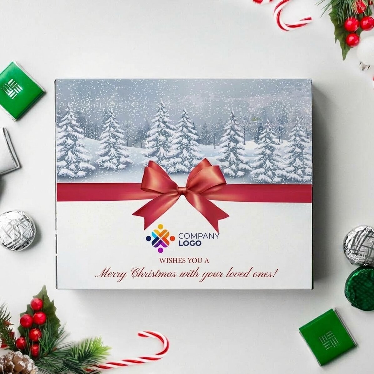 Gepersonaliseerde bonbondoos met logo en tekst - Vrolijk Kerstfeest!