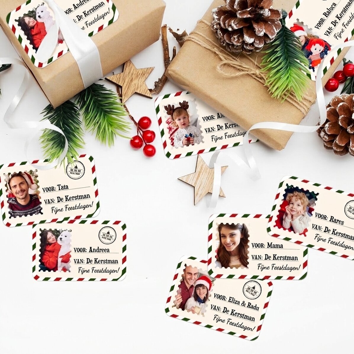 Set van 8 gepersonaliseerde stickers (zelfklevende etiketten) – Met vriendelijke groeten, de Kerstma