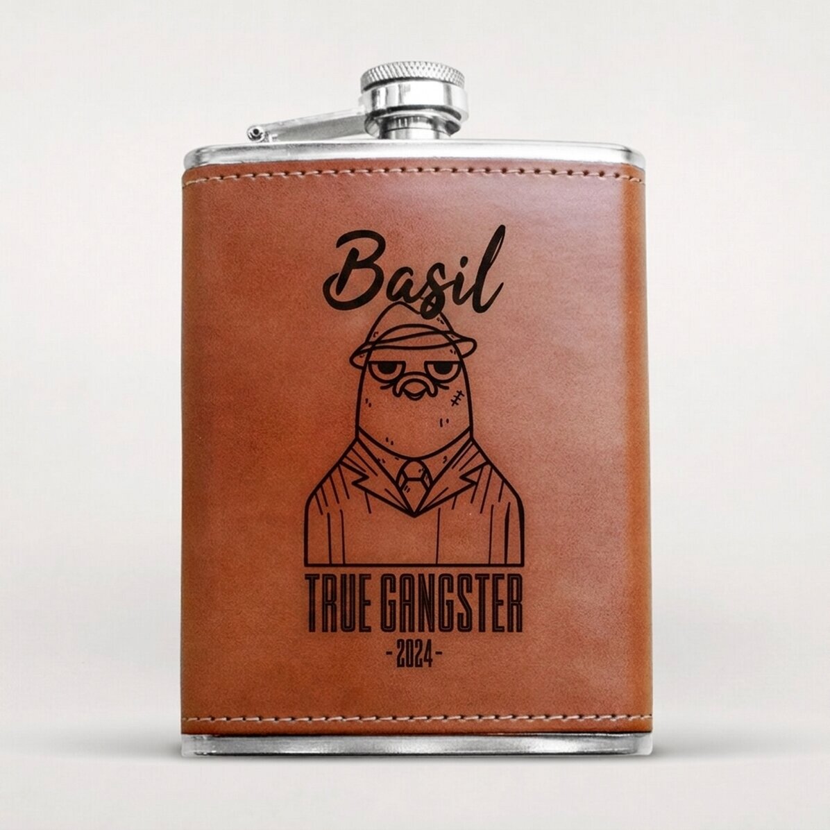 Zakfles met leren hoes, gepersonaliseerd met naam - Gangster