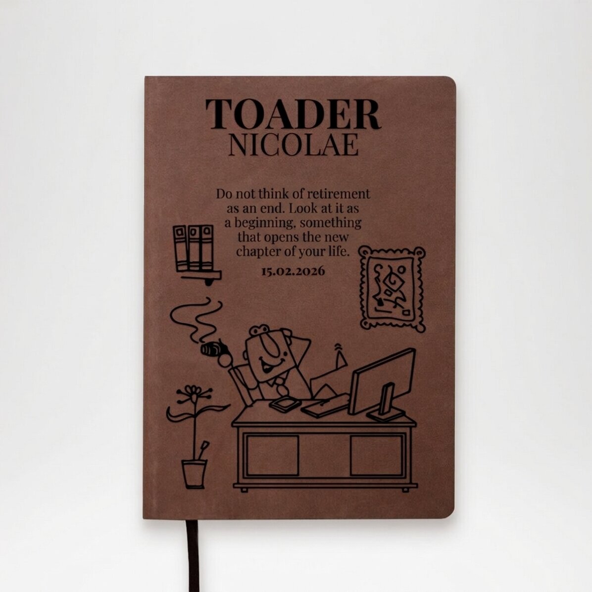 Gepersonaliseerde lederen agenda met een boodschap ter gelegenheid van het pensioen