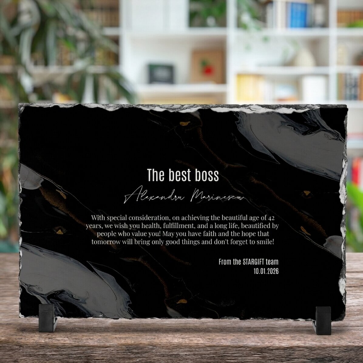Op maat gemaakte leisteenplaat met een boodschap voor de baas – Van harte gefeliciteerd!