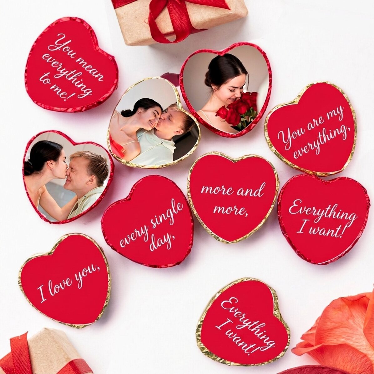 Set van 10 gepersonaliseerde mini-hartjeschocolade met foto