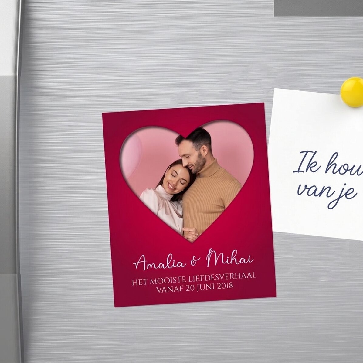 Magnet van 10 x 12 cm, gepersonaliseerd met een foto en tekst - In love