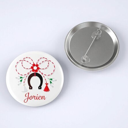Gepersonaliseerde button met de tekst ‘hoefijzer’