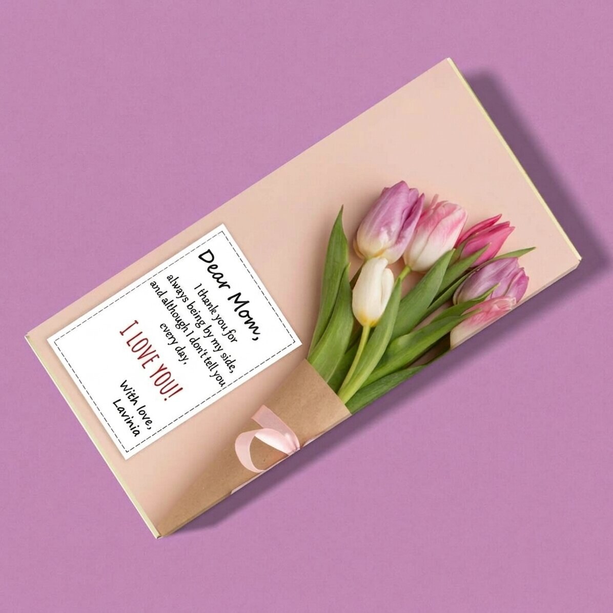 Chocolade met gepersonaliseerde tekst - Boeket tulpen