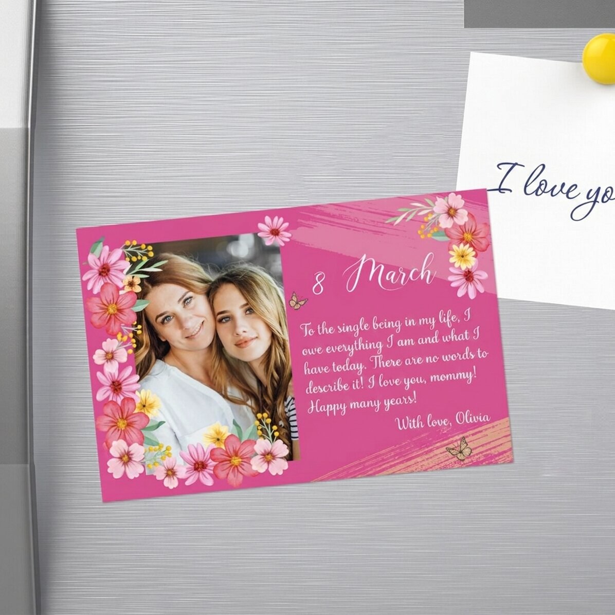 Magnet van 15 x 10 cm, gepersonaliseerd met een foto en tekst – 8 maart