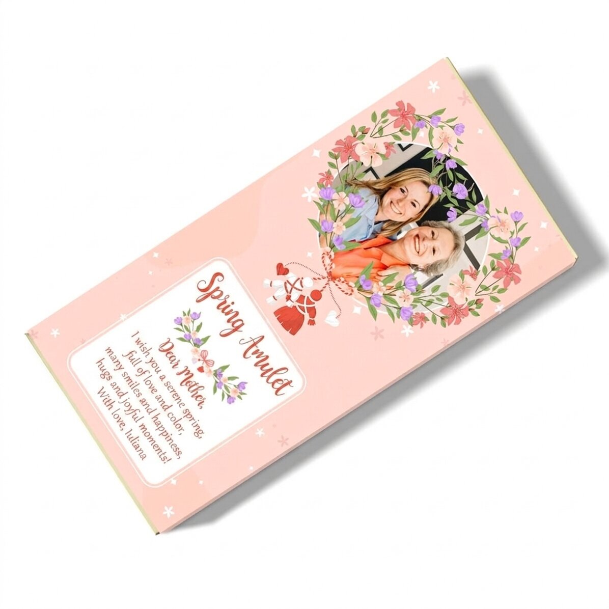 Chocolade met een persoonlijke foto en een bloemrijke boodschap