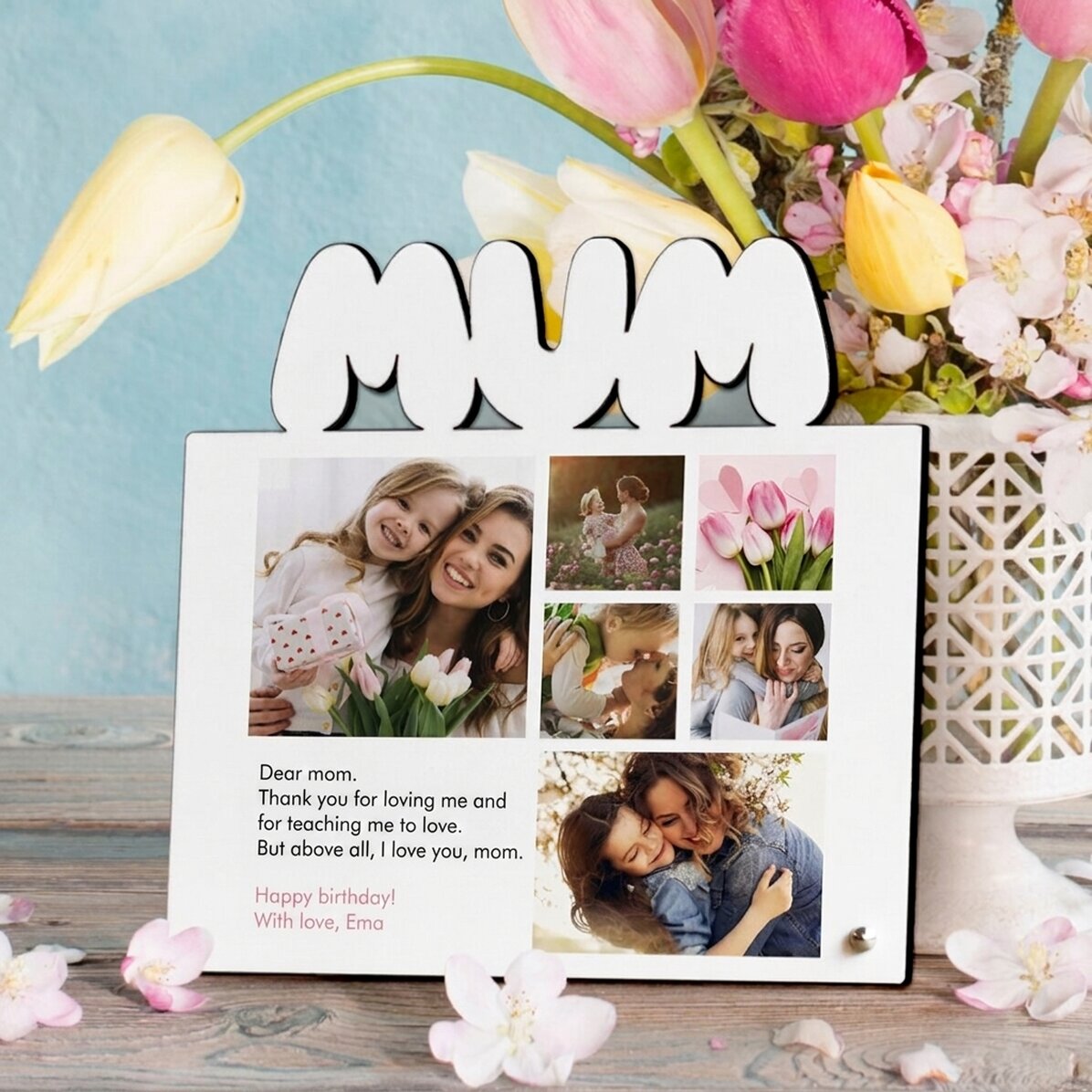 Gepersonaliseerde fotolijst voor op het bureau met 6 foto’s en een boodschap voor mama – model MUM