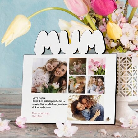 Gepersonaliseerde fotolijst voor op het bureau met 6 foto’s en een boodschap voor mama – model MUM