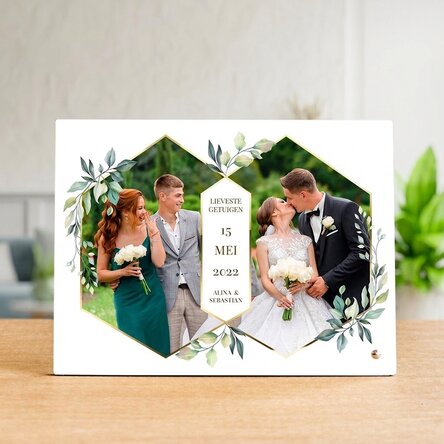 Gepersonaliseerde fotolijst voor op het bureau met 2 foto’s en tekst - Bruiloft
