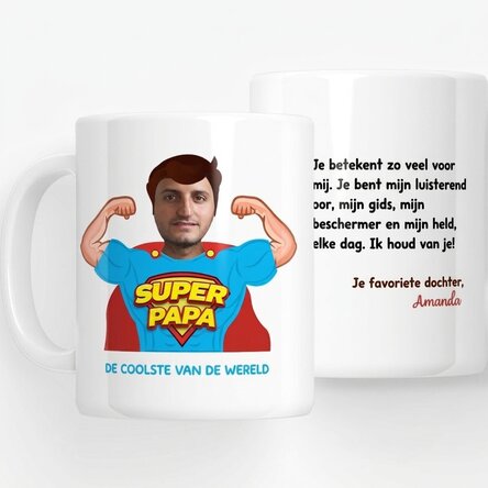 Gepersonaliseerde mok met een foto en een boodschap - Papa, mijn held