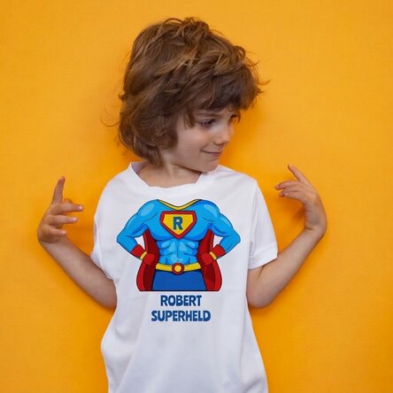 Sportshirt voor kinderen, gepersonaliseerd met tekst - Superheld
