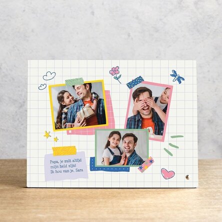 Gepersonaliseerde fotolijst voor op het bureau met 3 foto's en een boodschap - Papa, mijn held