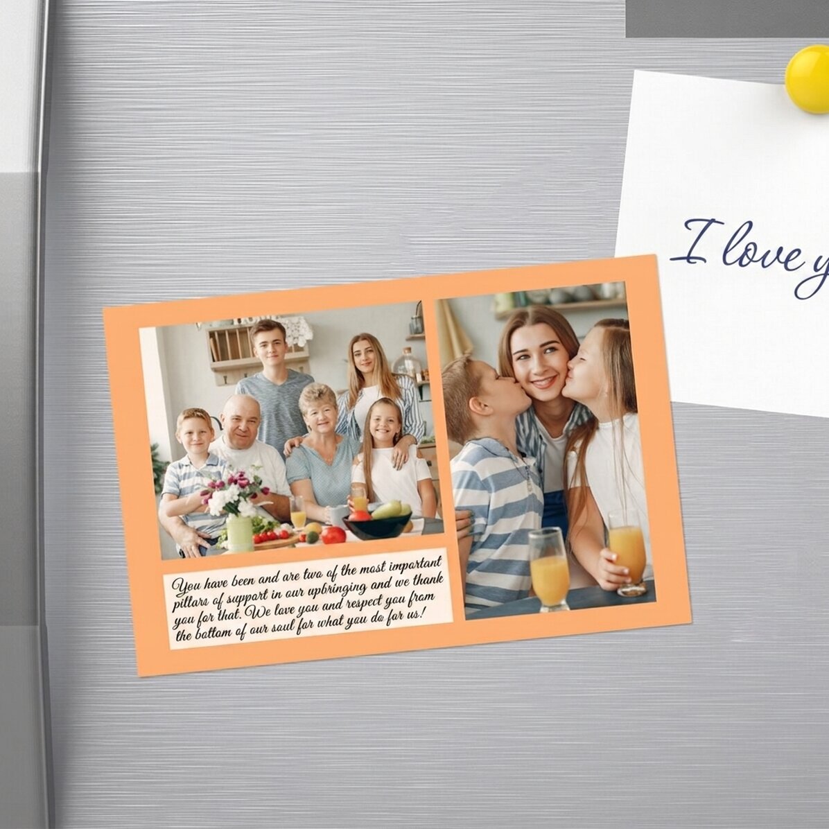 Gepersonaliseerde magneet van 10 x 15 cm met tekst en 2 foto