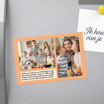 Gepersonaliseerde magneet van 10 x 15 cm met tekst en 2 foto's – Hartelijk dank!