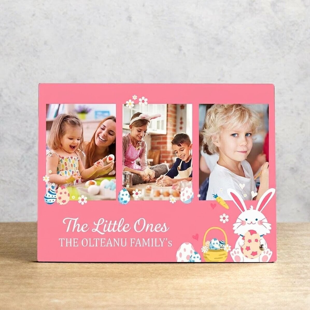 Gepersonaliseerde fotolijst voor op het bureau met 3 foto’s en tekst voor kinderen - Bunny