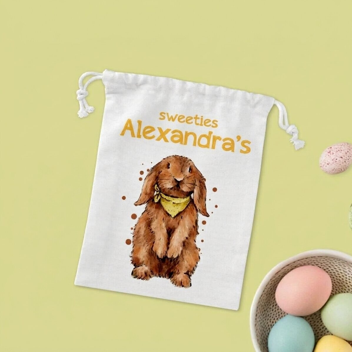 Kleine, gepersonaliseerde cadeauzakje met tekst - Konijntje met snoepjes