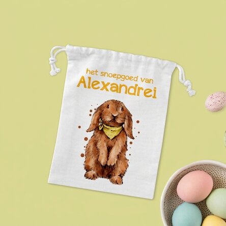 Kleine, gepersonaliseerde cadeauzakje met tekst - Konijntje met snoepjes
