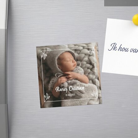 Magnetisch doopcadeautje 10x10, gepersonaliseerd met een foto en tekst
