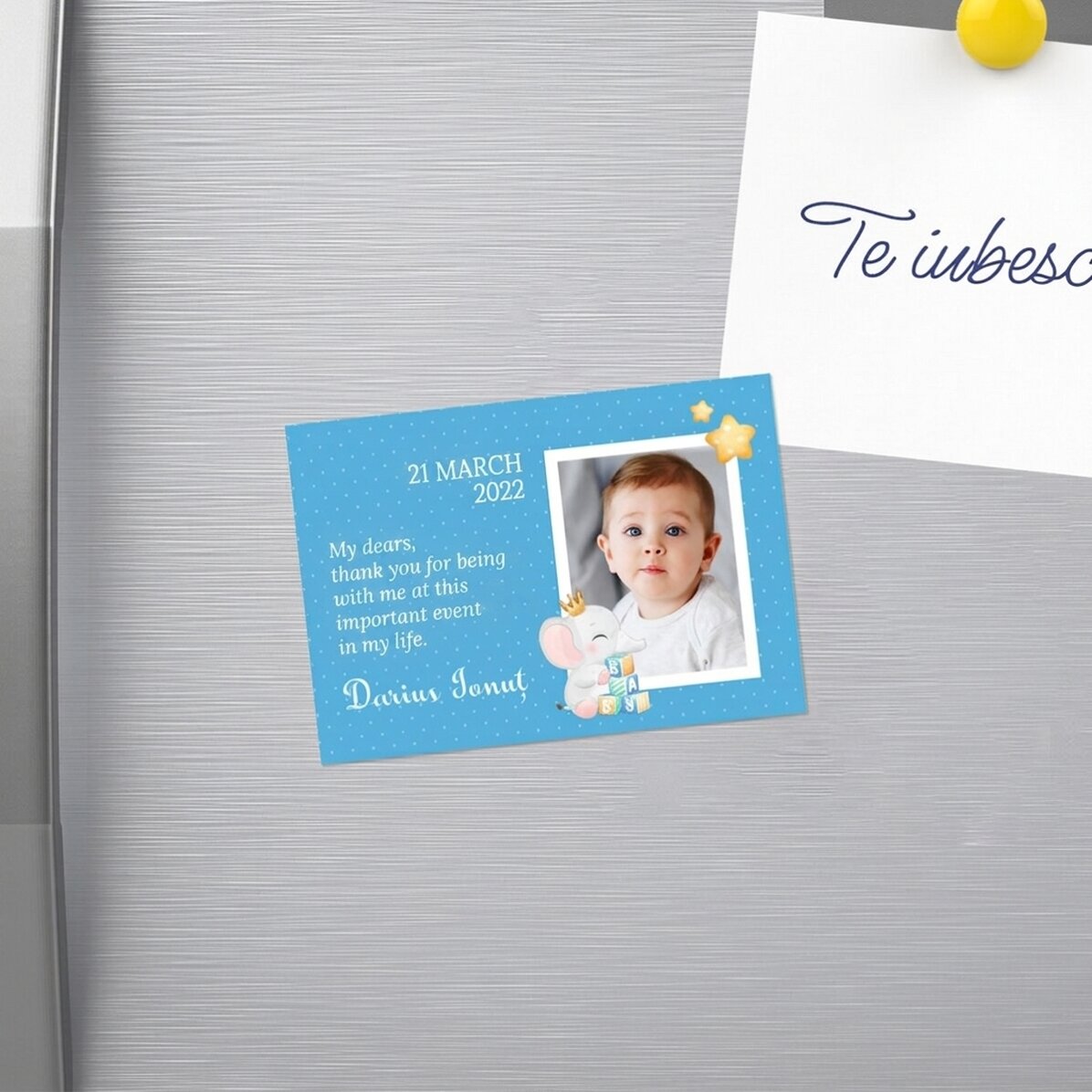 Gepersonaliseerde magneet van 10 x 7 cm met een foto en tekst – Doopcertificaat