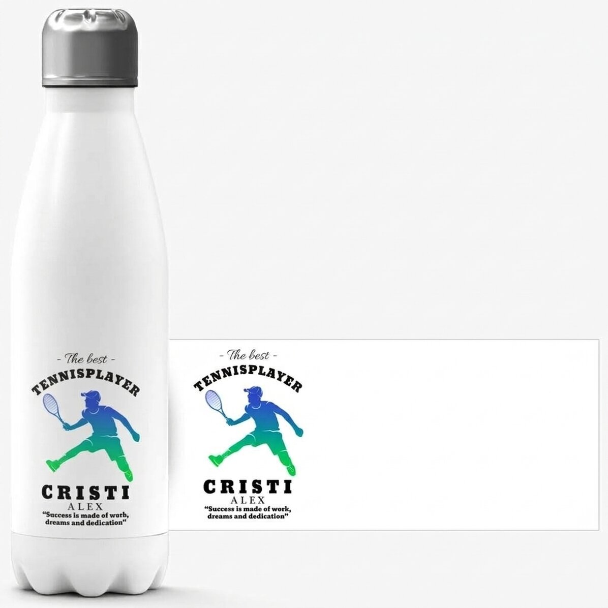 Thermosfles met witte bodem, gepersonaliseerd met naam en tekst - Tennisser