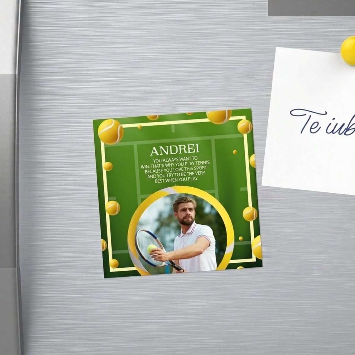 Gepersonaliseerde magneet van 10x10 met foto en tekst - Tennis